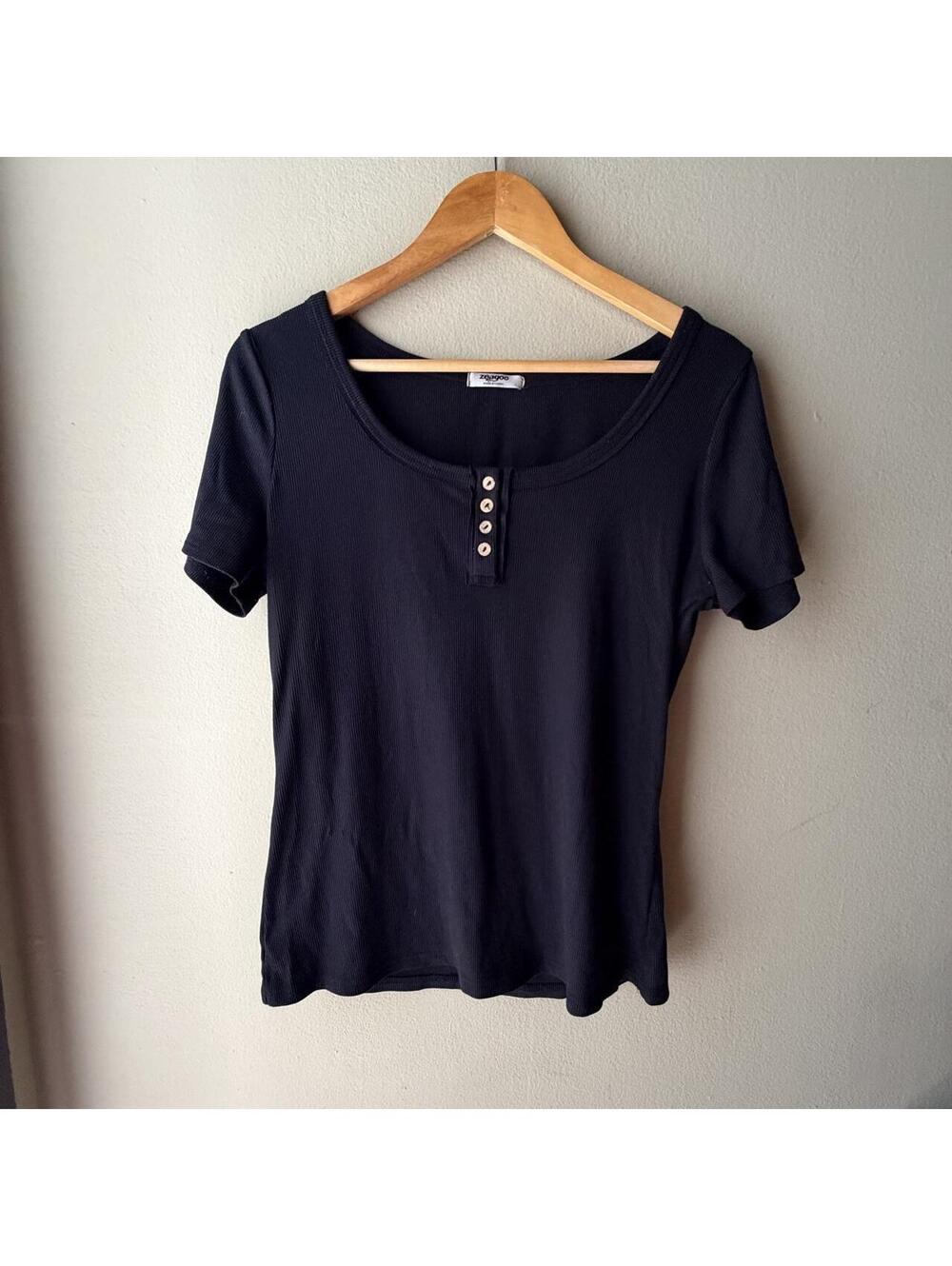 Zeagoo Navy Ribbed Scoop Neck Henley Tee • Large